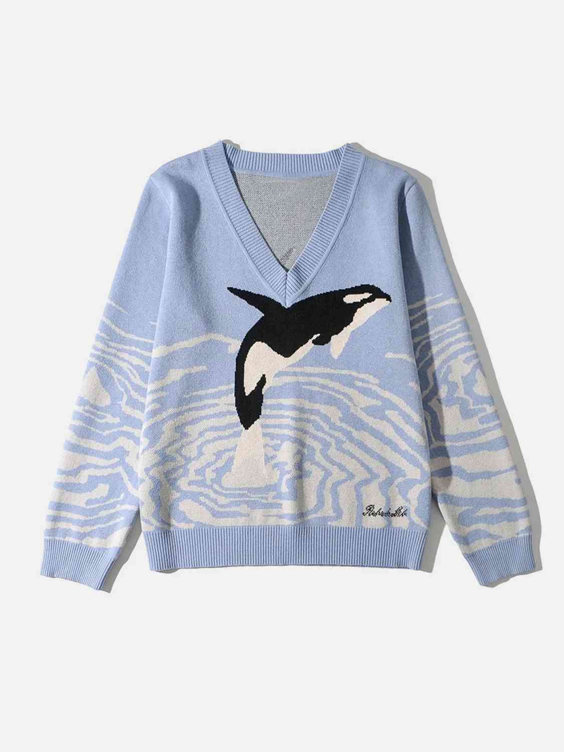 Printed V-Neck Long Sleeve Sweater BLUE ZONE PLANET
