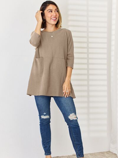 Pocketed Round Neck Half Sleeve Blouse BLUE ZONE PLANET