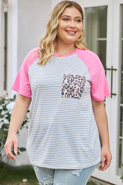 Blue Zone Planet |  Plus Size Striped Leopard Round Neck T-Shirt BLUE ZONE PLANET