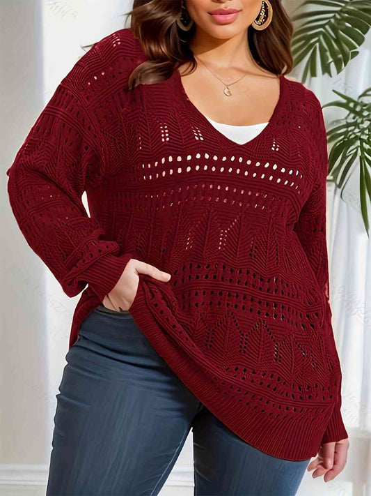 Plus Size Openwork Plunge Long Sleeve Sweater-TOPS / DRESSES-[Adult]-[Female]-Wine-1XL-2022 Online Blue Zone Planet