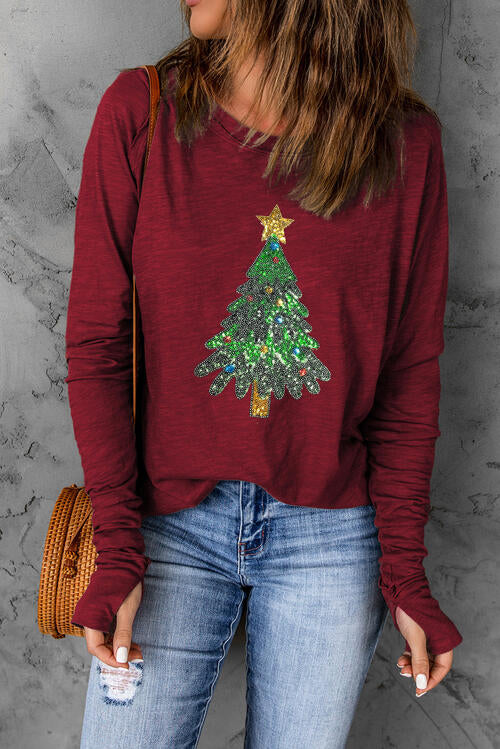 Sequin Christmas Tree Long Sleeve T-Shirt BLUE ZONE PLANET