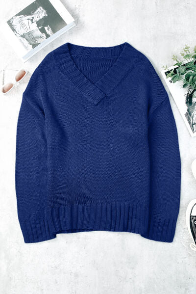 V-Neck Dropped Shoulder Sweater-TOPS / DRESSES-[Adult]-[Female]-Royal Blue-S-2022 Online Blue Zone Planet