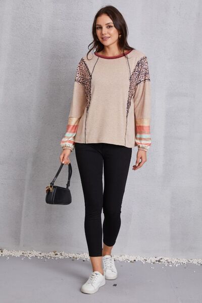 Contrast Stitching Leopard Long Sleeve Blouse Trendsi