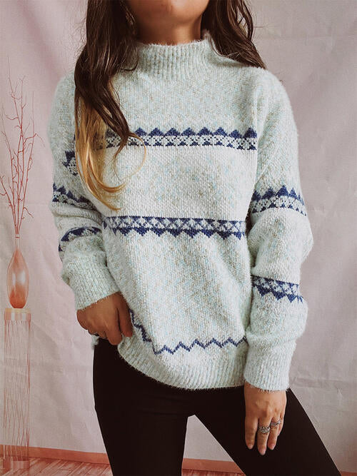 Geometric Mock Neck Dropped Shoulder Sweater BLUE ZONE PLANET