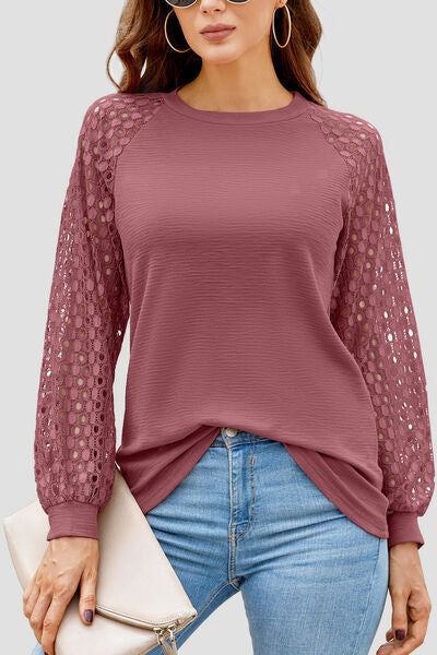 Full Size Eyelet Round Neck Long Sleeve T-Shirt Trendsi