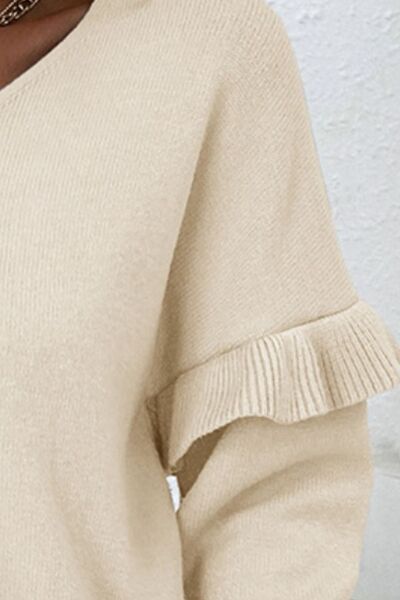 V-Neck Ruffle Trim Long Sleeve Sweater Trendsi