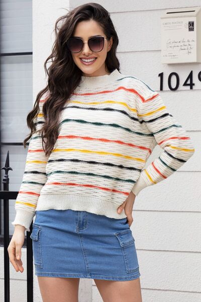 Striped Round Neck Long Sleeve Sweater BLUE ZONE PLANET