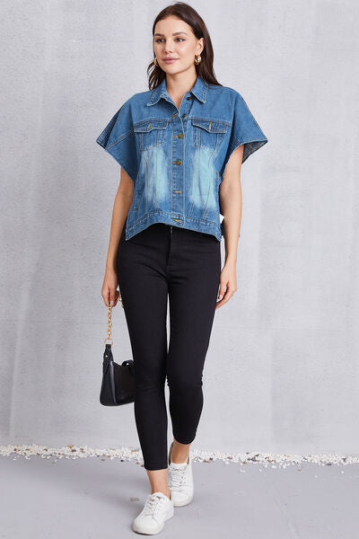 Pocketed Button Up Short Sleeve Denim Top-TOPS / DRESSES-[Adult]-[Female]-2022 Online Blue Zone Planet