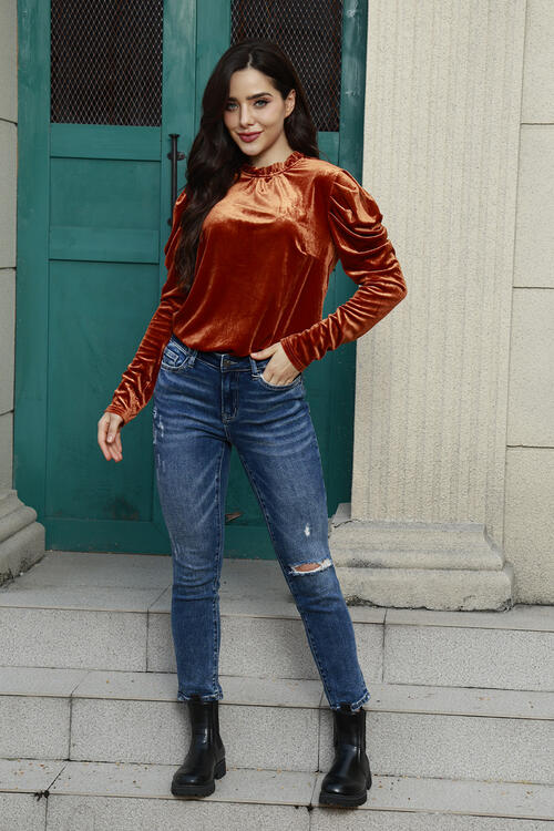 Round Neck Puff Sleeve Velvet Blouse BLUE ZONE PLANET