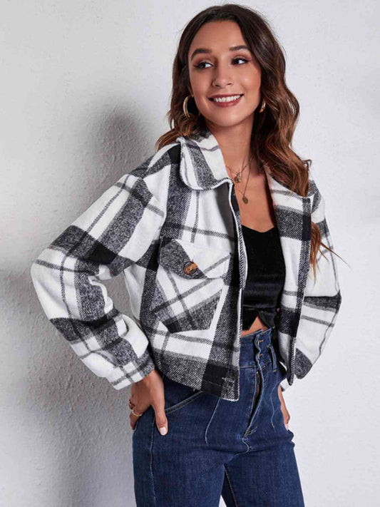 Plaid Button Front Jacket with Pockets BLUE ZONE PLANET