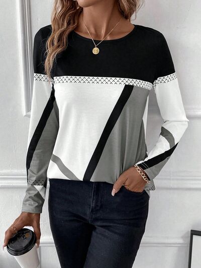 Contrast Round Neck Long Sleeve T-Shirt Trendsi