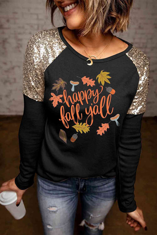 HAPPY FALL Y'ALL Graphic Sequin T-Shirt BLUE ZONE PLANET