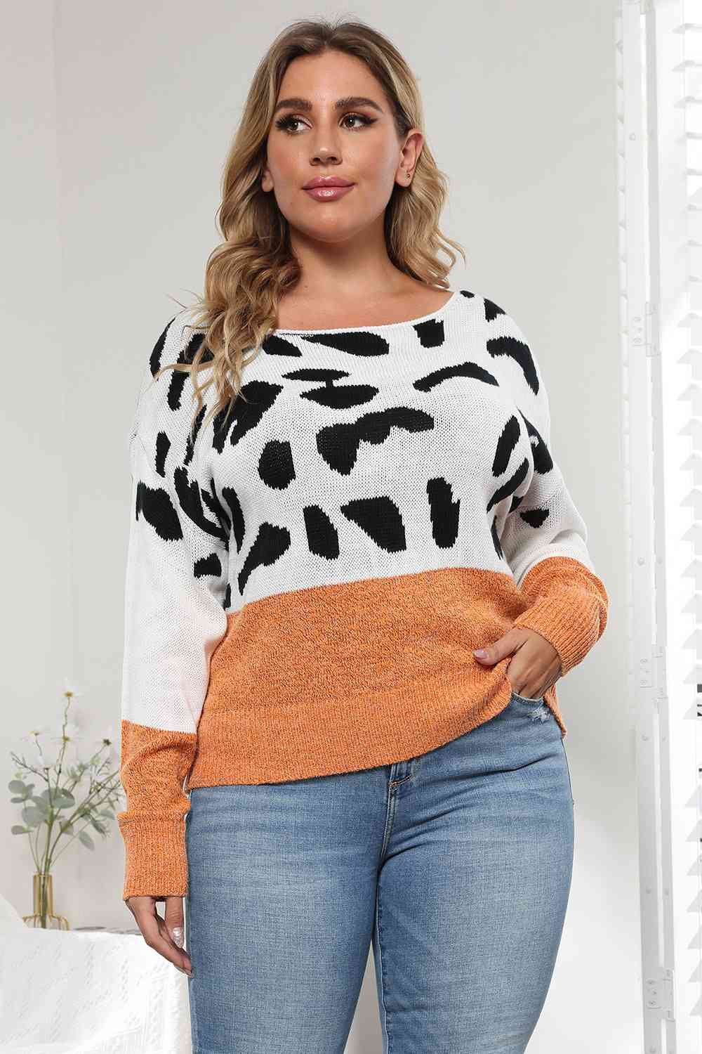 Plus Size Leopard Round Neck Long Sleeve Sweater BLUE ZONE PLANET