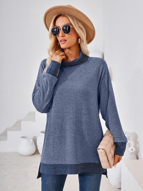 Contrast Mock Neck Long Sleeve T-Shirt BLUE ZONE PLANET