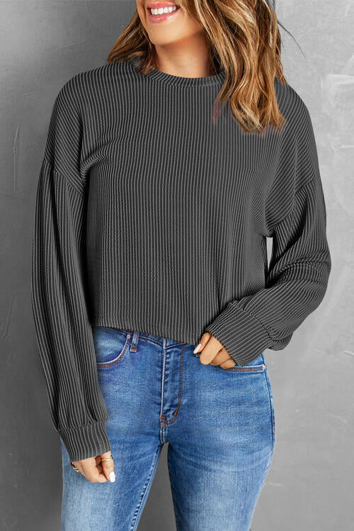 Round Neck Drop Shoulder Long Sleeve Top BLUE ZONE PLANET