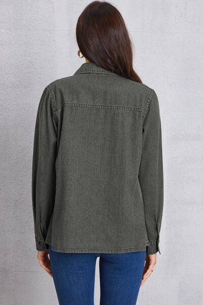 Collared Neck Button Up Denim Top Trendsi