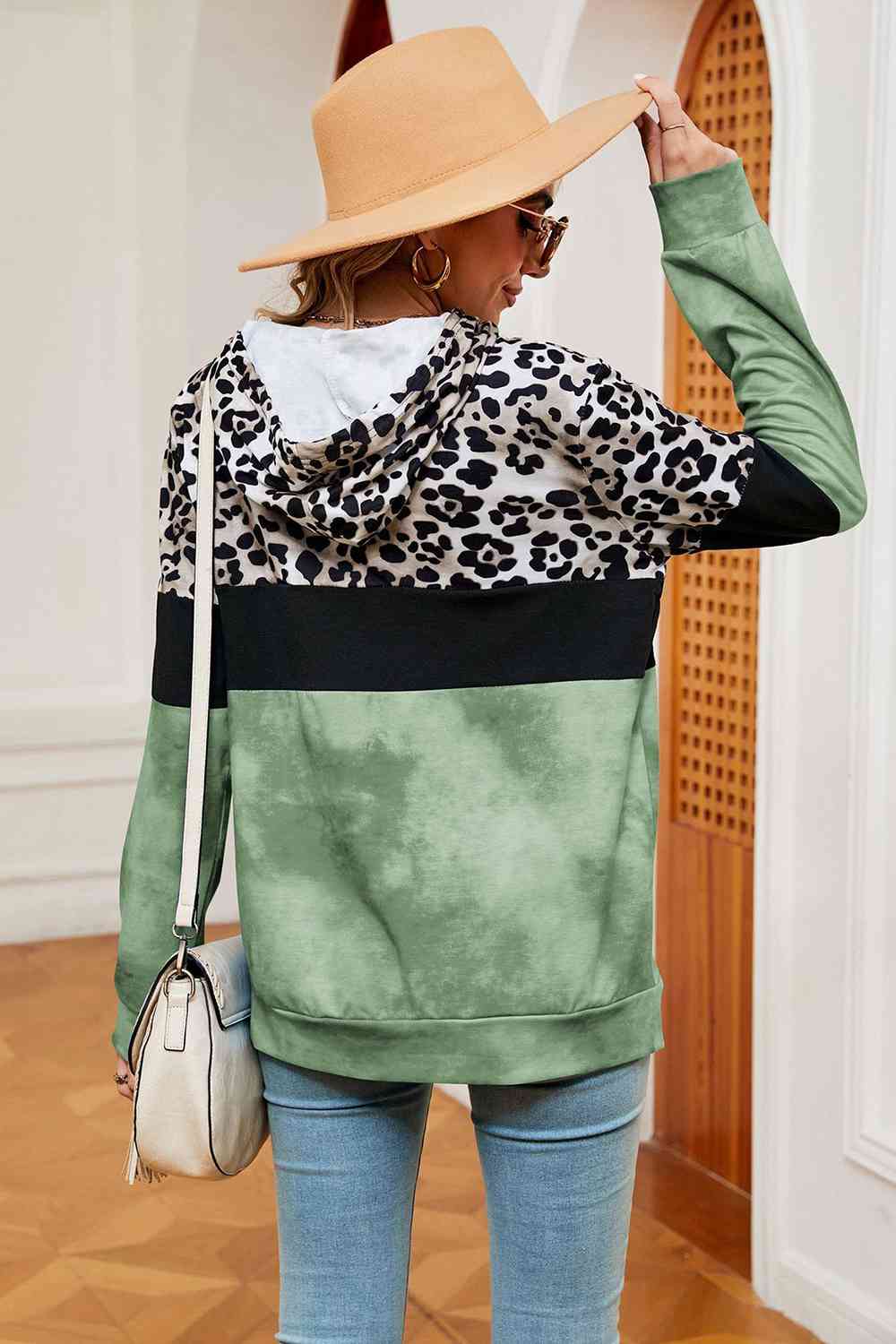 Leopard Drawstring Hoodie with Pocket BLUE ZONE PLANET