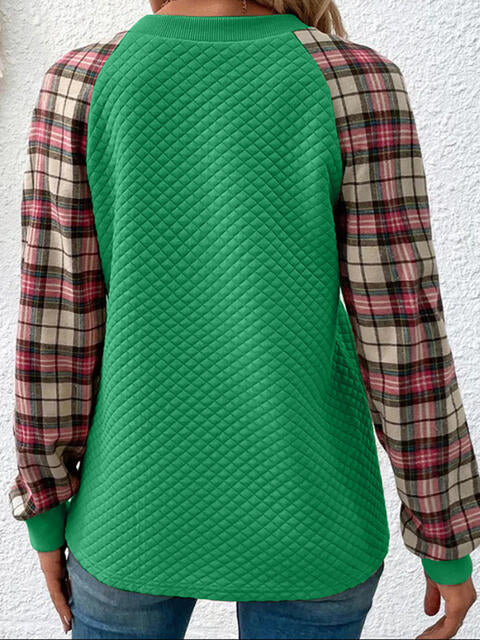 Plaid Round Neck Sweatshirt BLUE ZONE PLANET