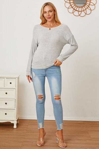 Boat Neck Backless Dropped Shoulder T-Shirt Trendsi