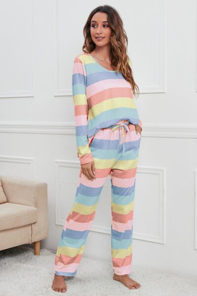 Blue Zone Planet |  Striped Round Neck Long Sleeve Top and Drawstring Pants Lounge Set BLUE ZONE PLANET