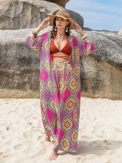 Printed Open Front Cardigan and Pants Set BLUE ZONE PLANET