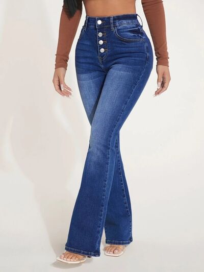 Button Fly Bootcut Jeans with Pockets BLUE ZONE PLANET