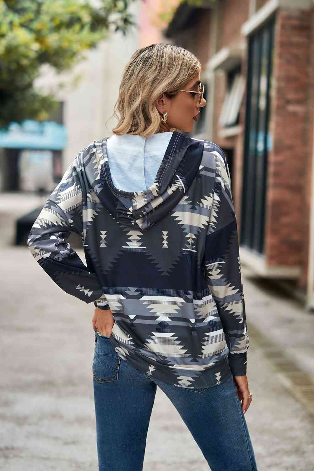 Geometric Drawstring Dropped Shoulder Hoodie BLUE ZONE PLANET