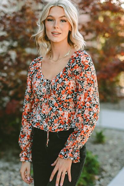 Blue Zone Planet |  Floral Tied Flounce Sleeve Peplum Blouse BLUE ZONE PLANET