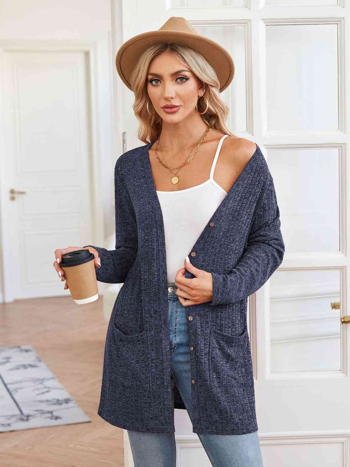 Ribbed Button Up Cardigan with Pockets BLUE ZONE PLANET