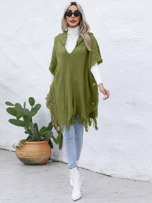 Fringe Trim Buttoned Hooded Poncho BLUE ZONE PLANET