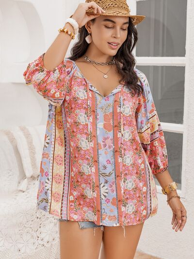 Plus Size Printed Tie Neck Balloon Sleeve Blouse-TOPS / DRESSES-[Adult]-[Female]-Multicolor-0XL-2022 Online Blue Zone Planet