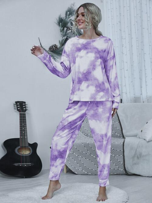 Tie-dye Round Neck Top and Drawstring Pants Lounge Set BLUE ZONE PLANET