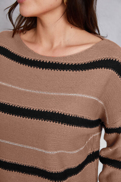 Striped Round Neck Dropped Shoulder Sweater-TOPS / DRESSES-[Adult]-[Female]-2022 Online Blue Zone Planet