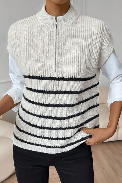 Striped Mock Neck Half Zip Sweater Vest-TOPS / DRESSES-[Adult]-[Female]-2022 Online Blue Zone Planet