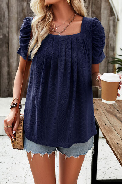 Eyelet Square Neck Puff Sleeve T-Shirt Trendsi