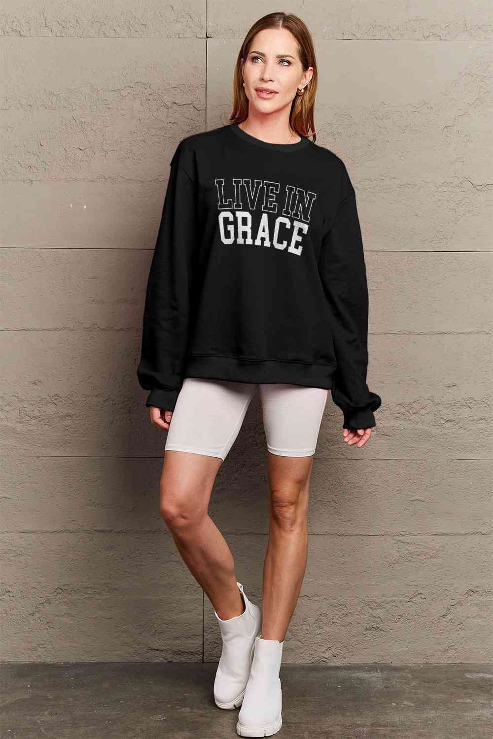 Simply Love Full Size LIVE IN GRACE Graphic Sweatshirt BLUE ZONE PLANET