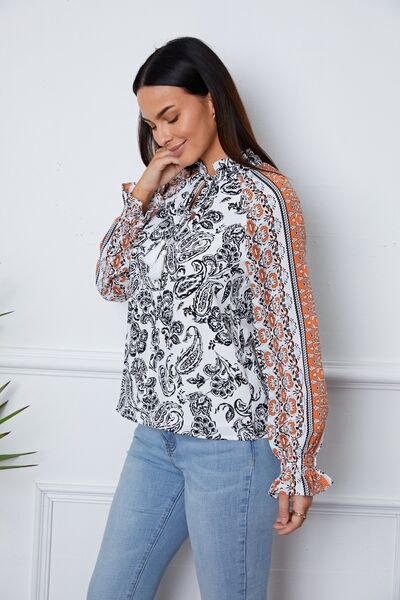 Tassel Tie Neck Printed Smocked Long Sleeve Blouse Trendsi