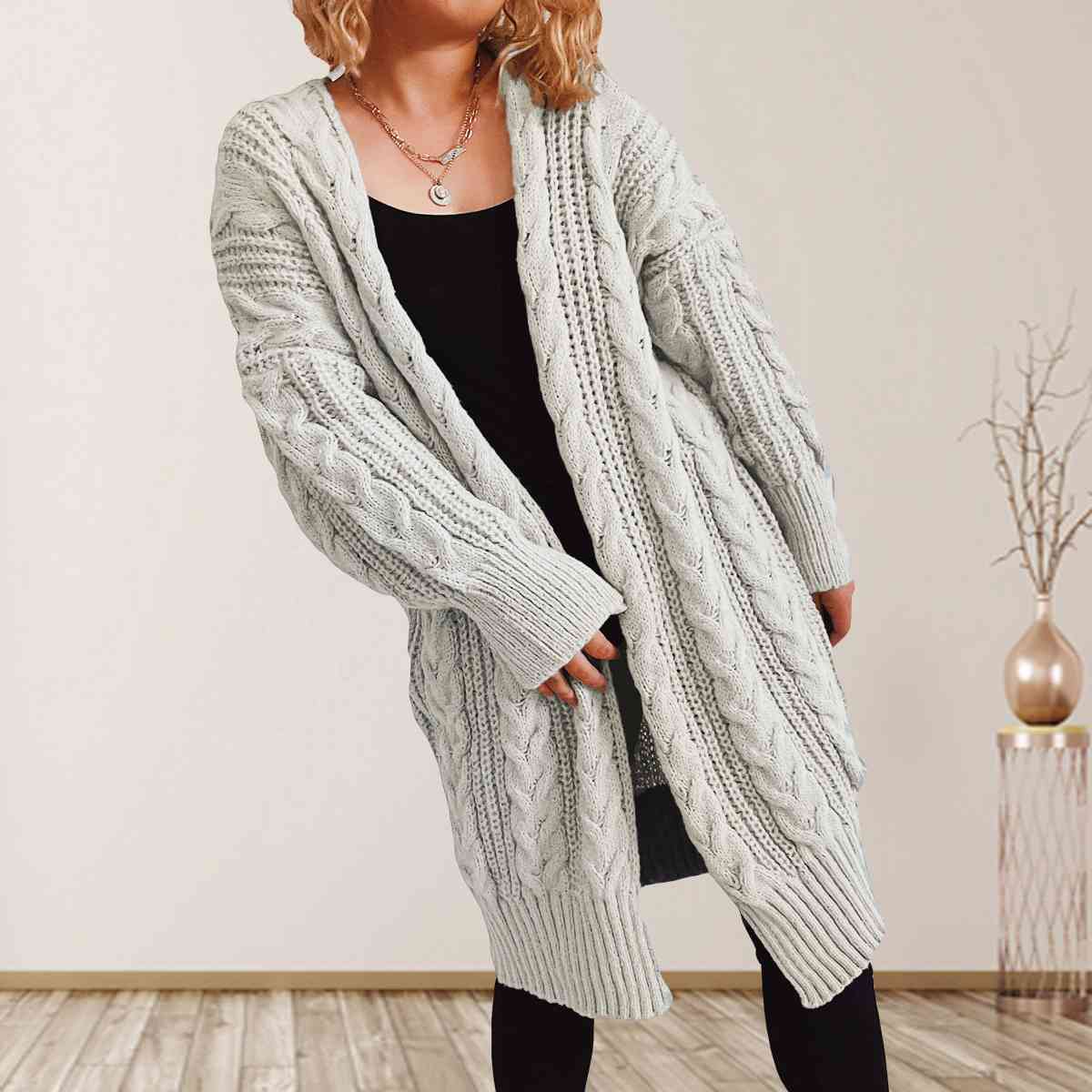 Cable-Knit Open Front Dropped Shoulder Cardigan BLUE ZONE PLANET