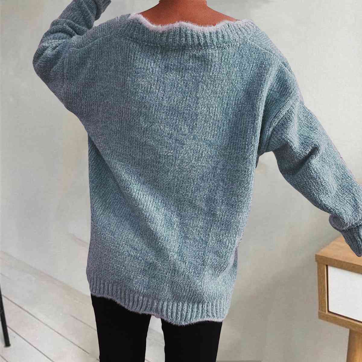 V-Neck Drop Shoulder Long Sleeve Sweater BLUE ZONE PLANET