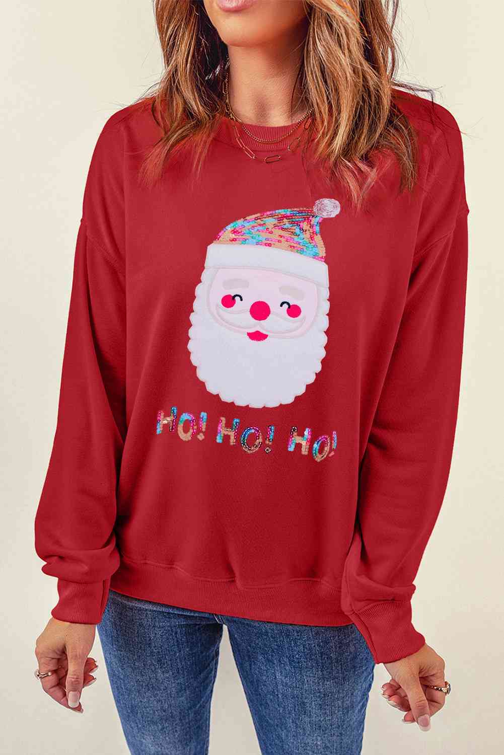 Sequin Santa Graphic Round Neck Sweatshirt BLUE ZONE PLANET