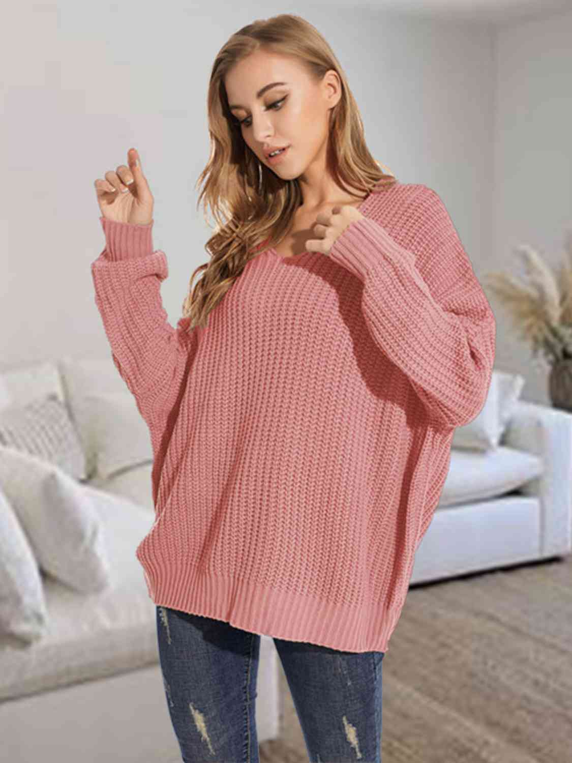 V-Neck Batwing Dropped Shoulder Sweater BLUE ZONE PLANET