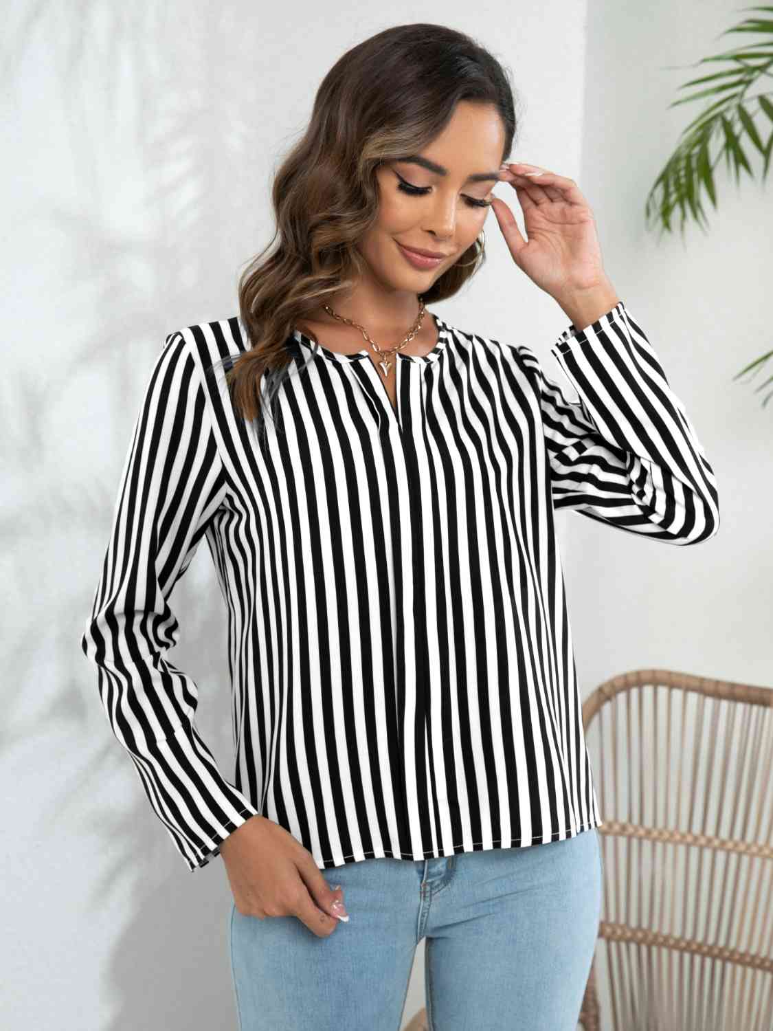 Striped Long Sleeve Notched Blouse BLUE ZONE PLANET