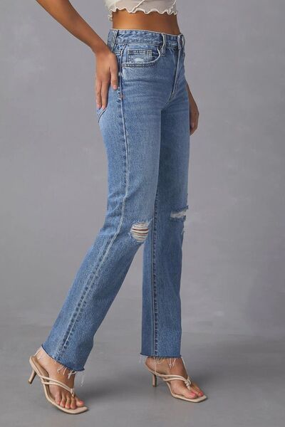 Distressed Raw Hem Straight Jeans with Pockets BLUE ZONE PLANET