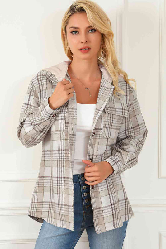 Plaid Button Down Hooded Jacket BLUE ZONE PLANET