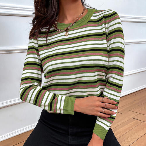 Striped Round Neck Long Sleeve Sweater BLUE ZONE PLANET