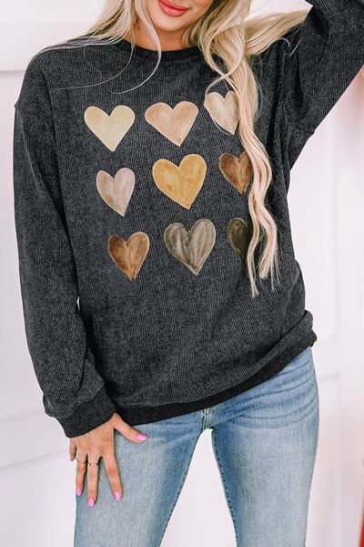 Heart Round Neck Dropped Shoulder Sweatshirt Trendsi