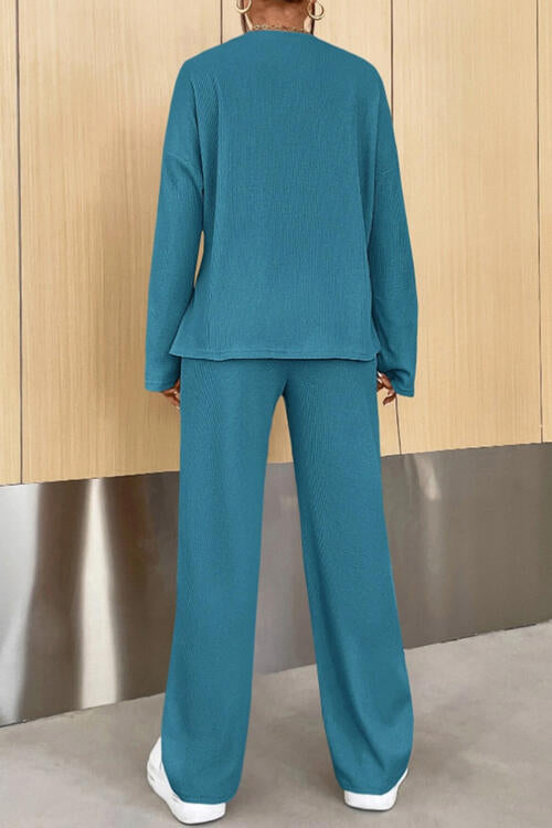 Ribbed Half Button Top and Pants Set BLUE ZONE PLANET