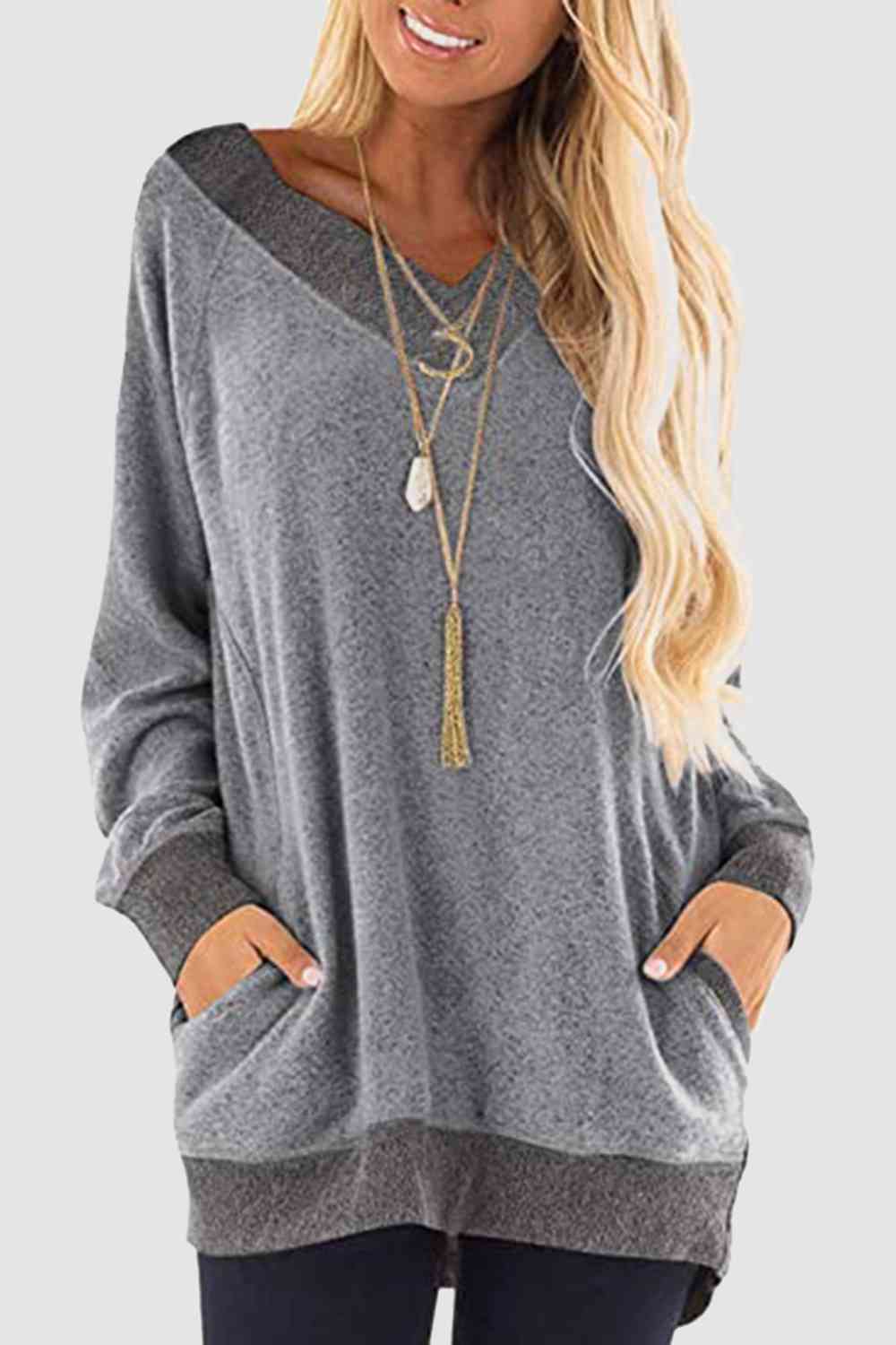 V-Neck Long Sleeve Sweatshirt with Pockets BLUE ZONE PLANET