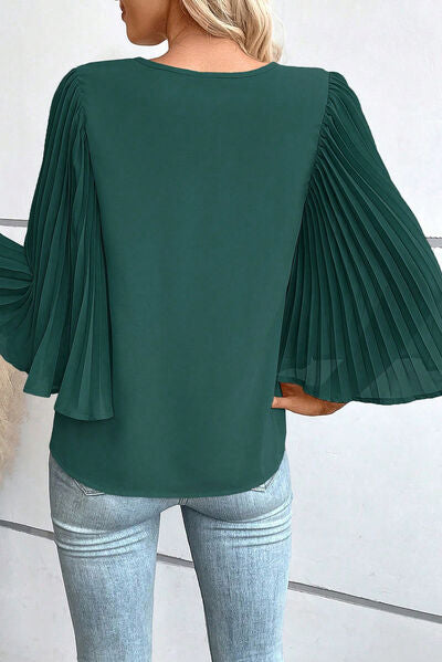 Pleated Flutter Sleeve V-Neck Blouse Trendsi