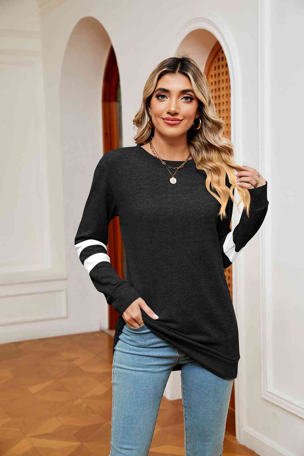 Round Neck Long Sleeve Top BLUE ZONE PLANET